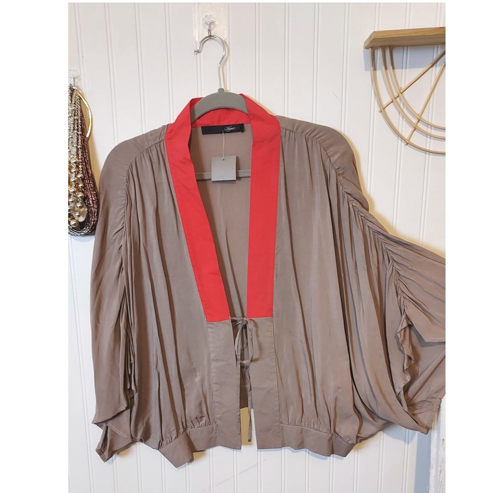 Sugarlips Kimono Cardigan Women One Size Taupe Red Ruched Dolman Tie Front Boho